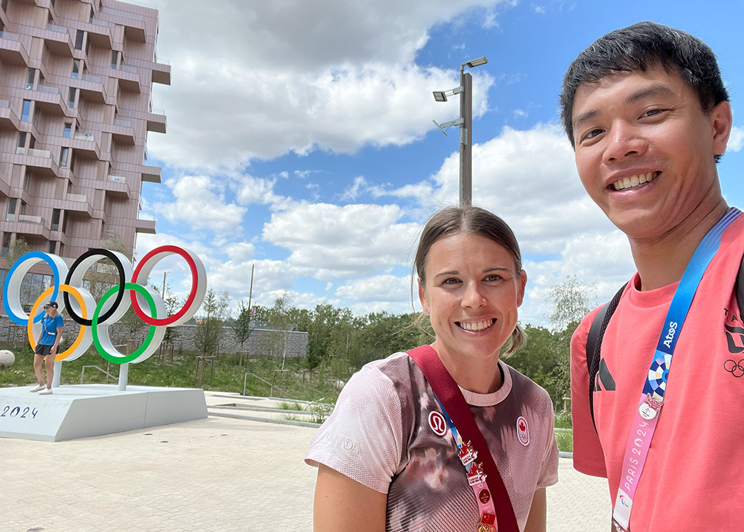  USask’s Connor Jay and family friend and former Huskie Michelle Harrison pose together at the Paris Olympics. (Photo: Submitted) 