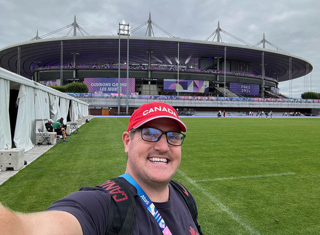  USask Huskies track and field coach Jason Reindl of Team Canada at the warmup track outside of the Stad de France in Paris. (Photo: Submitted) 