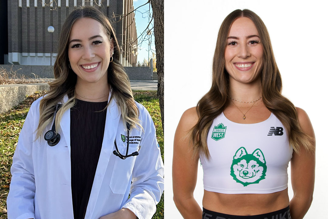  Brianna Andrews is entering her third year in the Doctor of Medicine (MD) program at USask. She completed her final season as a Huskie student-athlete this year by helping the women’s track and field team win a seventh consecutive conference championship title. (Photo: Submitted/Huskies) 