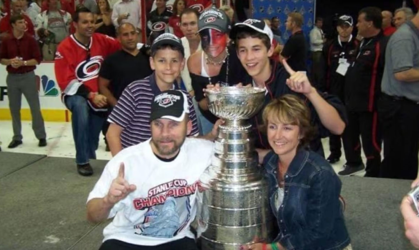 The Friesen's after the Carolina Hurricanes won the Stanley Cup in 2006. Peter, bottom left, was the team's physiotherapist and a strength coach. (Submitted by Peter Friesen)
